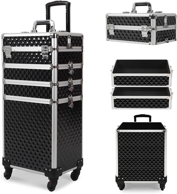 4 in 1 Professional Makeup Train Cases Large Storage Cosmetic Case 4 Wheels Lockable Rolling Makeup Trolley Diamond Surface (BLACK) by CAMORSA