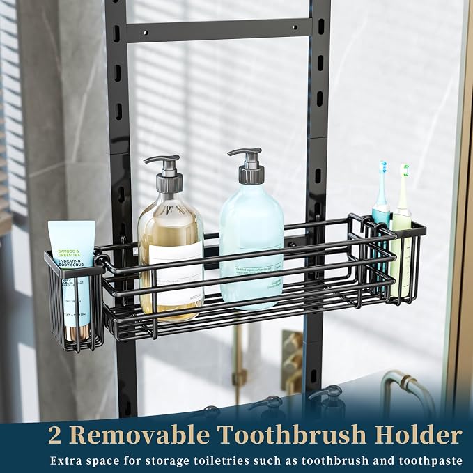 Consumest Over The Door Shower Caddy - 5 Tier Adjustable Shower Organizer Hanging with 2 Toothbrush Holders & 4 Hooks, Rustproof Organizer Shelf, Storage Rack for Bathroom, Black - Image 3