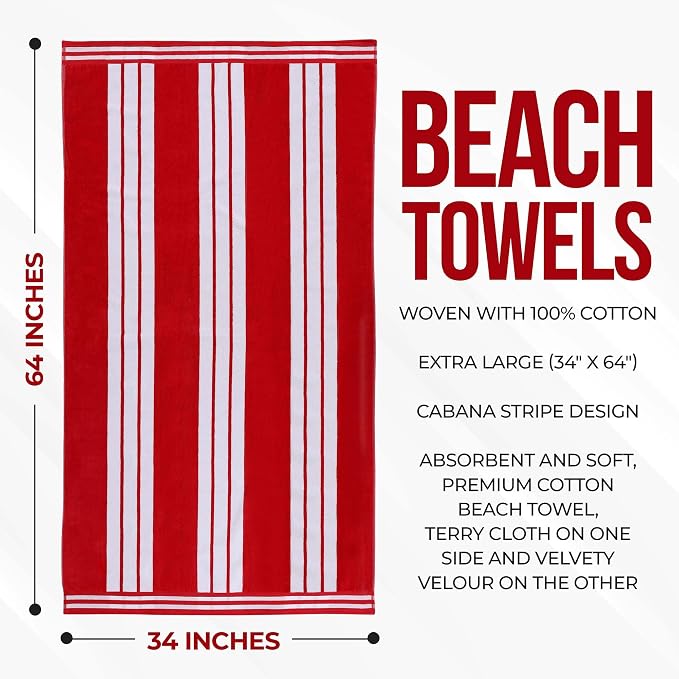 Superior Cotton Cabana Striped Beach Towels, Colorful Towels for Adult, Kid, Pool, Swimming, Sand, Travel, Large Oversized, Absorbent, Fast Drying, Bath Basics, Cabana Collection, 1 Piece, Red - Image 5