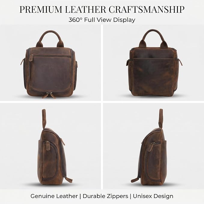 Versatile Genuine Leather Travel Hanging Toiletry Bag, A Dark Brown Hanging Makeup Organizer for Men or Women, Water-resistant Shaving Kit Bag Suitable for Camping and Travel Trips - Image 2