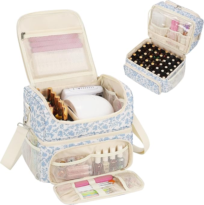 CUBETASTIC Nail Polish Organizer & Storage Bag for 48 Bottles & Full-Size Lamp, Double-Layer Travel Case Box for Nail Supplies, Manicure Kit & Pedicure Tools (Blue Floral, 48 Slots) by CUBETASTIC