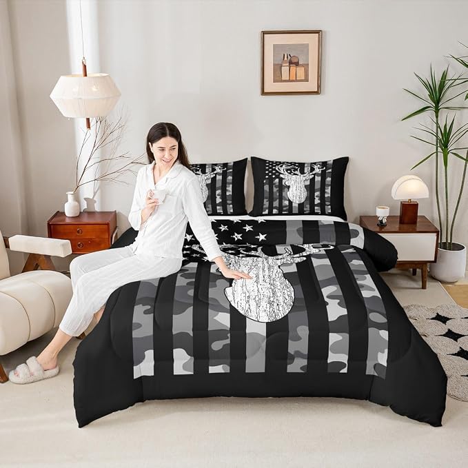 American Flag Bedding Set Deer Camo Comforter Set King for Kids Boys Teen Man,Western Rustic Black Grey Military Camouflage Bedding Comforters Hunting Deer Antlers Quilt Duvet for All Season 3 Pcs - Image 4