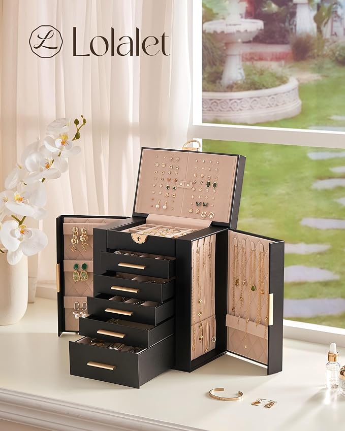 Lolalet Large Jewelry Box Organizer for Women, 6-Layer Jewelry Organizers and Storage Case with Mirror & 5 Drawers, Lockable Watch Ring Earring Bracelet Necklace Holder Girls Gift -6Layer, Black - Image 5