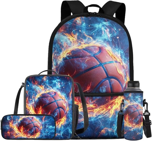 Fire Basketball Backpack for School Boys Backpack with Lunch Box Water Bottle Holder and Big Pencil Case 4PCS Bookbag with Front Pocket 17 inch Lightweight School Bag with Side Pocket for Kids by ELEDIZI