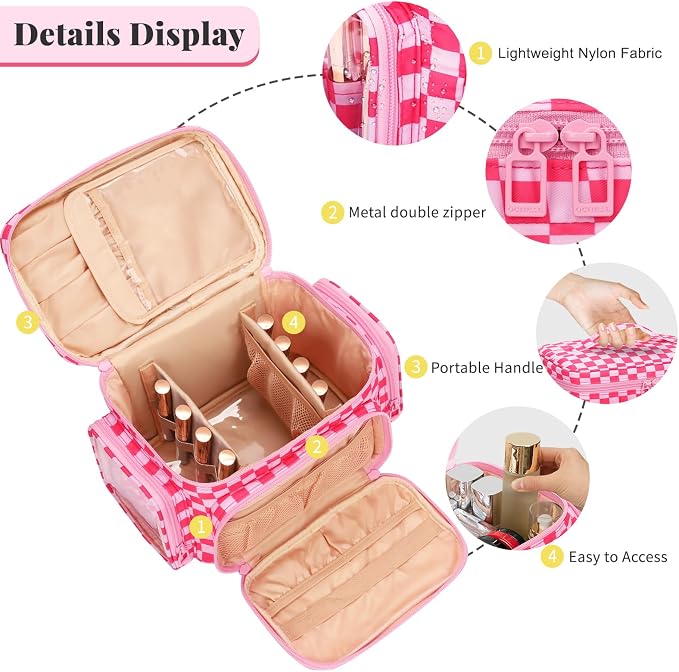 Bagmoly Large Checkered Makeup Bag, Travel Makeup Bag Organizer for Women Girls with Makeup Brush Compartment & Two Side Pockets, Cosmetic Travel Bag Vertical Storage Toiletry Bag- Hotpink - Image 2