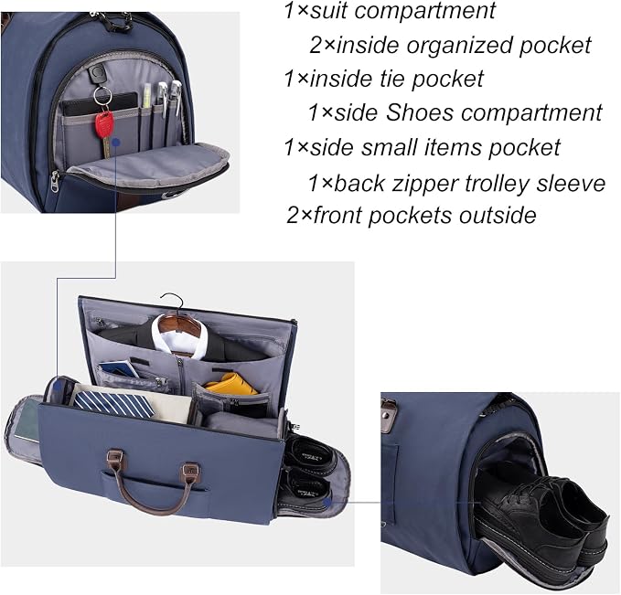 Modoker Convertible Weekender Bag - Canvas Duffle Bags for Travel with Hanging Feature, Blue - Image 3