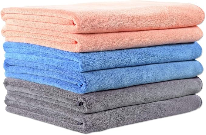 JML Microfiber Towels, Bath Towel Set (6 Pack, 27" x 55") - Extra Large, Soft, Absorbent, Fast Drying Bathroom Towel for Shower, Swimming, Fitness, Sport, Yoga, Peach/Grey/Blue by JML
