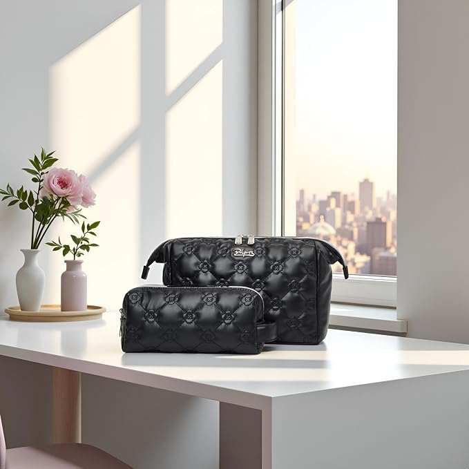 BOYATU Travel Makeup Bag Cosmetic Pouch: 2 Pcs Set Waterproof Vegan Leather Cosmetic Bags for Women - Cute Quilted Skincare Make up Toiletry Bag for Girl (02-Black) - Image 7