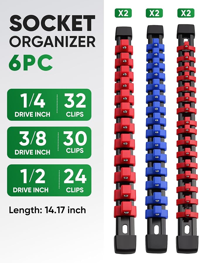 ALOANES 6PC Socket Organizer, Socket Rails Fit 1/2", 1/4" and 3/8" Drive | Heavy Duty ABS Socket Holders Hold 86 Sockets for Toolbox Drawer Bags(Red&Blue) - Image 2