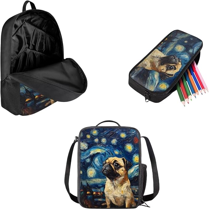 Mumeson Starry Night Dog Middle School 3 Piece Backpack Set with Lunch Box Pencil Case Set for Boys Girls Large Capacity Travel Daypack Rucksack Back to School - Image 2
