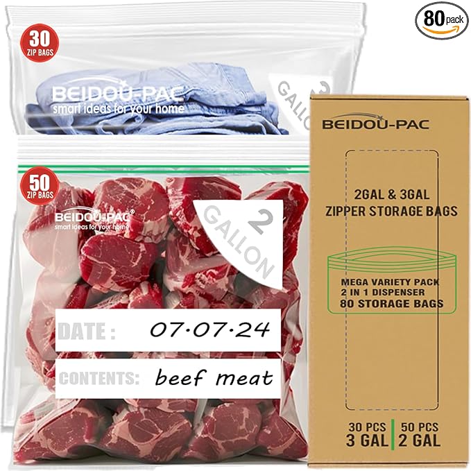 BEIDOU-PAC 80 Count Combo Large Storage Zip Bags, 2 Gallon & 3 Gallon Resealable Variety Pack With Organizer, Reclosable Clear Assorted Size Plastic Bags by BEIDOU-PAC