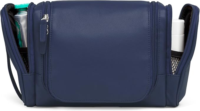 Leatherology Navy Blue Small Hanging Toiletry Kit – Compact Leather Travel Organizer with Interior Zip Pockets, Mesh Pouches & Hanger | Full-Grain Leather Toiletry Bag for Men & Women - Image 3