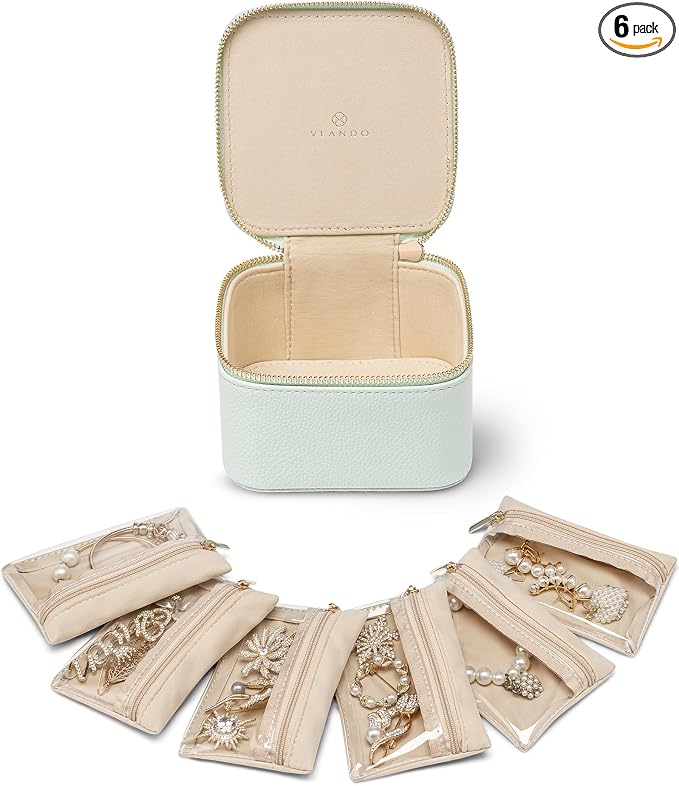 VLANDO Jewelry Box with 6 Velvet Jewelry Bags Travel Jewelry Case for Women Girl Premium Petal Hardware Jewelry Organizer Necklace Rings Earrings Bags Bride Teacher Mom Gifts-Mint Green by VLANDO