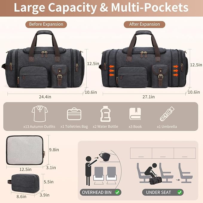 Mens Duffle Bag for Travel 60L Expandable Canvas Weekender Overnight Travel Duffel Bag with Shoe Compartment Carry-On for Airplanes Dark Gray - Image 4