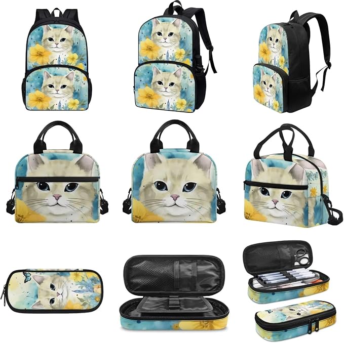 Floral Cat Print Backpack Set for Girls Kids Lightweight Cute School Backpack with Lunch Box Pencil Case Adjustable Strap Padded Book Bag Insulated Lunch Bag - Image 3