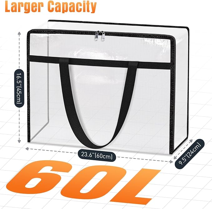 Clear Under Bed Storage Containers - 6 Pack Large Capacity Clothes Storage Bags with Lid & Sturdy Handles, Foldable Moving Bags, Clothing Organizer Totes for Bedding, Comforter, Sheet（60 L） - Image 2