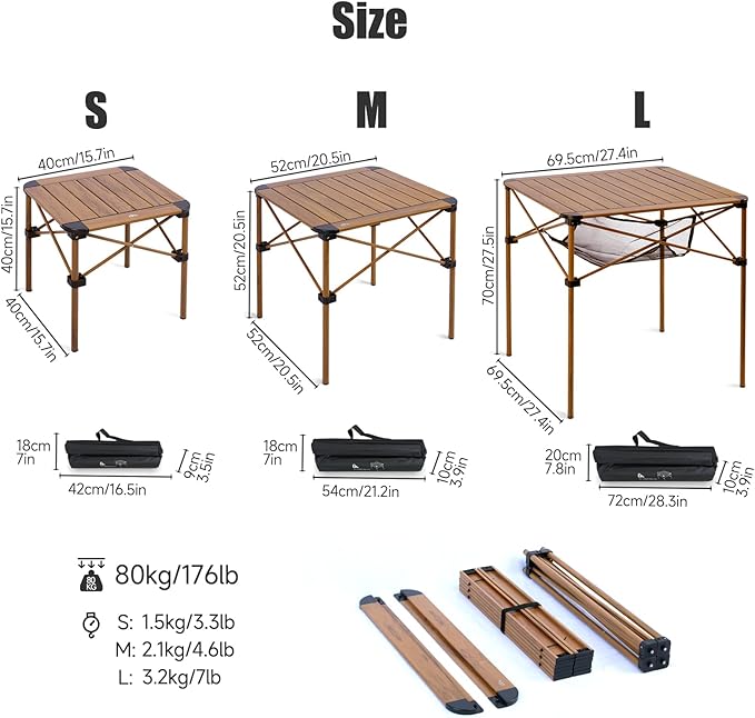 iClimb Lightweight Stable Alu. Folding Square Table Roll Up Top with Carry Bag for Camping Picnic Backyards BBQ Camp Kitchen (Nature, M) - Image 3