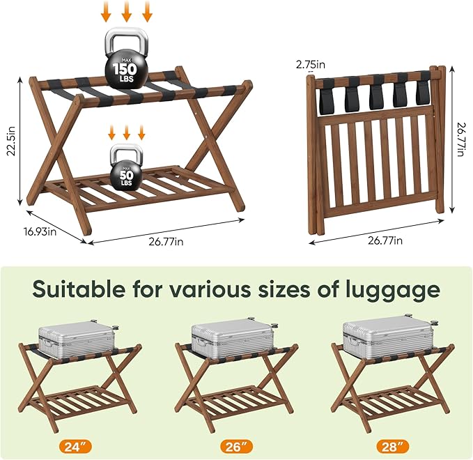 Smart FENDEE Set of 2 Fully Assembled 26.77" Dark Walnut Luggage Racks with Foldable Shoe Shelf, 5 Heavy-Duty Straps Bamboo Suitcase Stand, Luagge Holders for Guest Room Bedroom, Hotel - Image 7