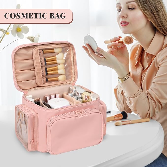 Bagmoly Large Makeup Bag, Portable Travel Makeup Bag Organizer for Women Girls with Makeup Brush Compartment & Two Side Pockets, Cosmetic Travel Bag Vertical Storage Toiletry - Pink - Image 8