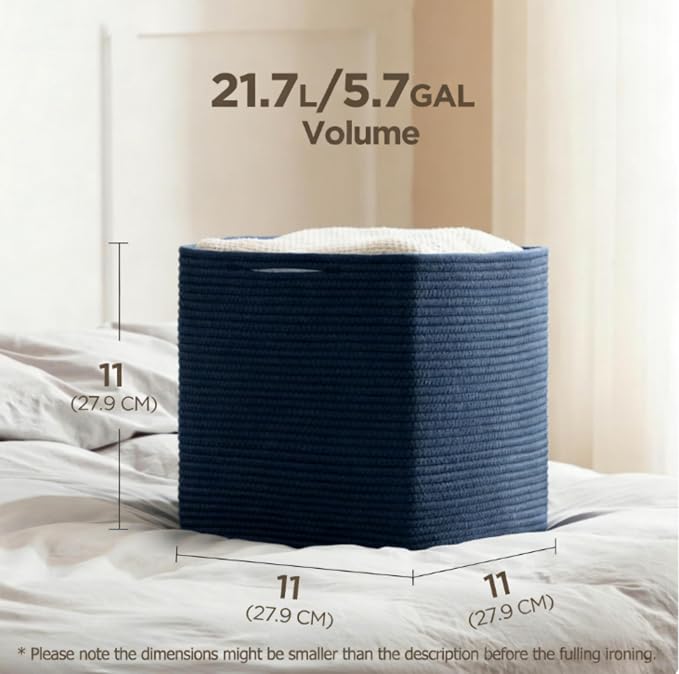 joybest 11inch Cube Storage Bins Set of 4, Cotton Rope Woven Organizer Basket for Shelves, Cube Bin Square Shelves Organizer Closet Storage, Nursery, Toy Organization, Navy Blue - Image 4