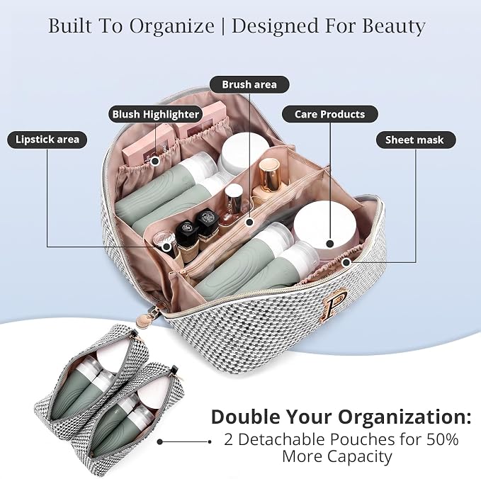 Personalized Gift Travel Makeup Bag: Initial Makeup Organizer Bag for Women | 3-in-1 Custom Make up Bag Set - Vegan Leather Travel Cosmetic Bag - Luxury Gift for Women – Birthday, Anniversary, Graduation - Image 3