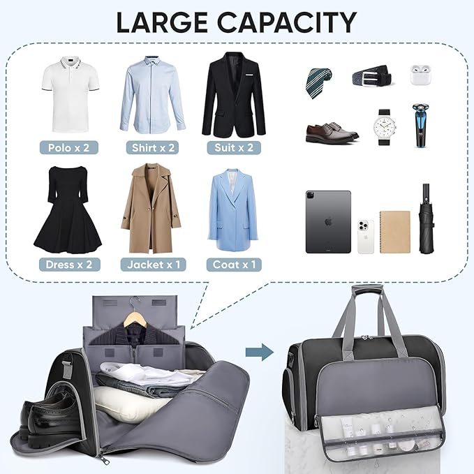 BALEINE Travel Garment Bag, Travel Suit Bag for Men, Water Resistant Carry on Garment Bag for Hanging Clothes, Garment Duffel Bag for Travel Business (Black-Convertible) - Image 5