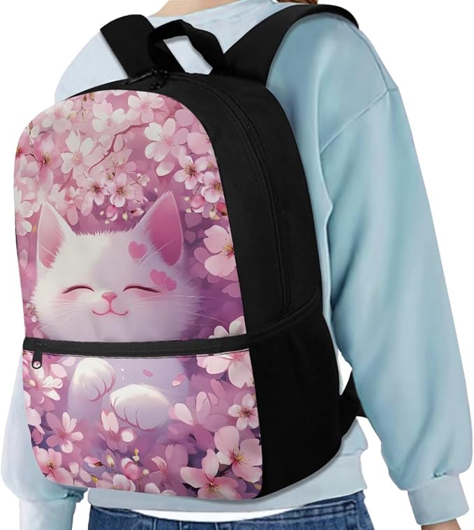 Cherry Blossom Cat Backpack for School Girls Backpack with Lunch Box Water Bottle Carrier and Large Pencil Case 4PCS Set Lightweight Bookbag with Front Pocket 17" Sturdy School Bag for Kids - Image 2