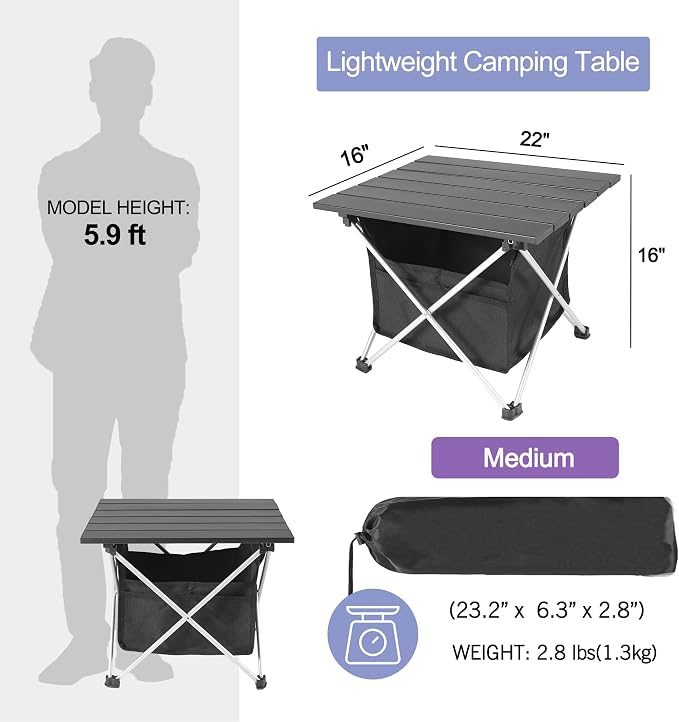 Grope Portable Camping Table Ultralight Aluminum Camp Table with Storage Bag,Beach Table for Sand with Carrying Bag,Prefect for Outdoor,Picnic,BBQ,Cooking,Festival (Black with Storage Bag-M) - Image 2