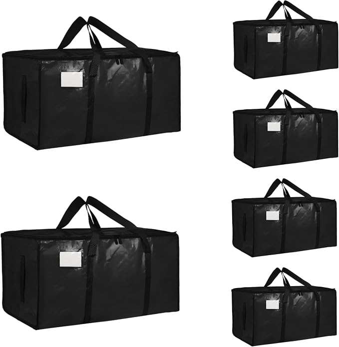 6 Pack-Extra Large Heavy Duty Moving Bags - Waterproof Storage Totes with Handles & Zippers, Foldable for College Dorm, Storage (Black) by Unknown