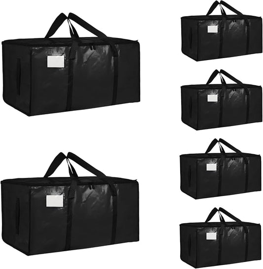 6 Pack-Extra Large Heavy Duty Moving Bags - Waterproof Storage Totes with Handles & Zippers, Foldable for College Dorm, Storage (Black) by Unknown