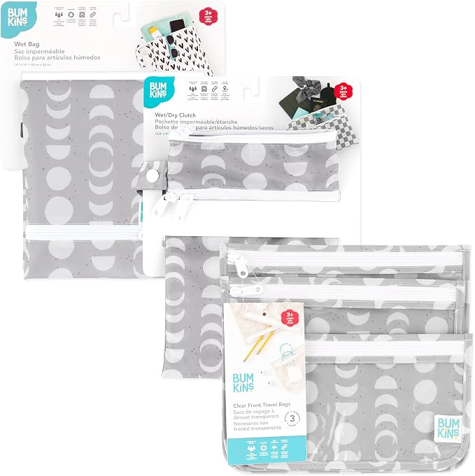 Bumkins - Waterproof Wet Bag, Wet/Dry Clutch & Clear Travel Bags - For Beach, Baby, Travel, Cloth Diapers, Pump Parts, Pool, Gym, Toiletries - Reusable & Easy to Clean - Lunar Gray - 5 Pack - Image 7