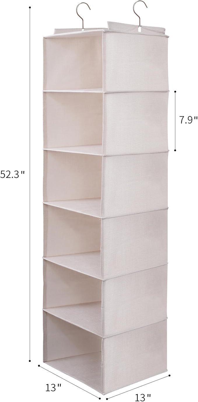 Large Hanging Sweater Organizer for Closet,Collapsible 6-Shelf Hanging Closet Shelves with Drawers, Washable (Beige -6 Shelf-1 d) - Image 2