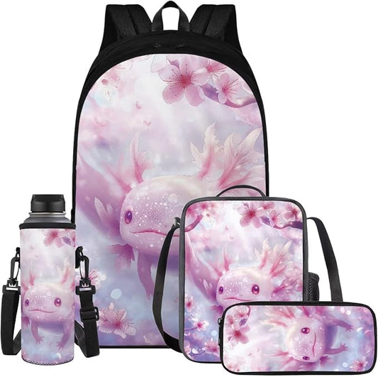 Cherry Blossom Axolotl Backpack for Girls Kids Backpack with Lunch Box Water Bottle Carrier and Aesthetic Pencil Case 4PCS Set Cute Bookbag with Compartments for School 17" Large School Bag by ELEDIZI