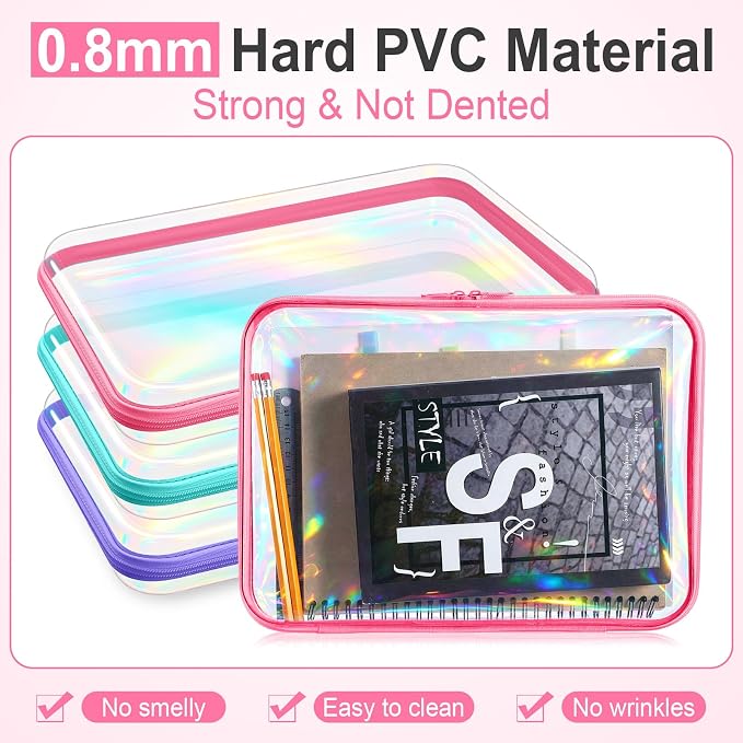 Sanwuta 6 Pcs Clear Hard Zipper Case Plastic Zipper Pouches Transparent Makeup Bag Pencil Case Pouches Toiletry Diaper Bag for Travel Toy Storage Organizer Bins(Holographic,12.6 x 9 x 2 Inch) - Image 4