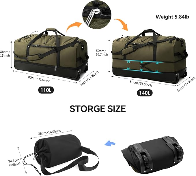 Bagenerous 110L/140L Expandable Soft-Sided Foldable Duffle Bag with 2 Rubber Wheels,Packable 32” Rolling Carry-On with Multi-Pockets & Compartments,Army Green - Image 4