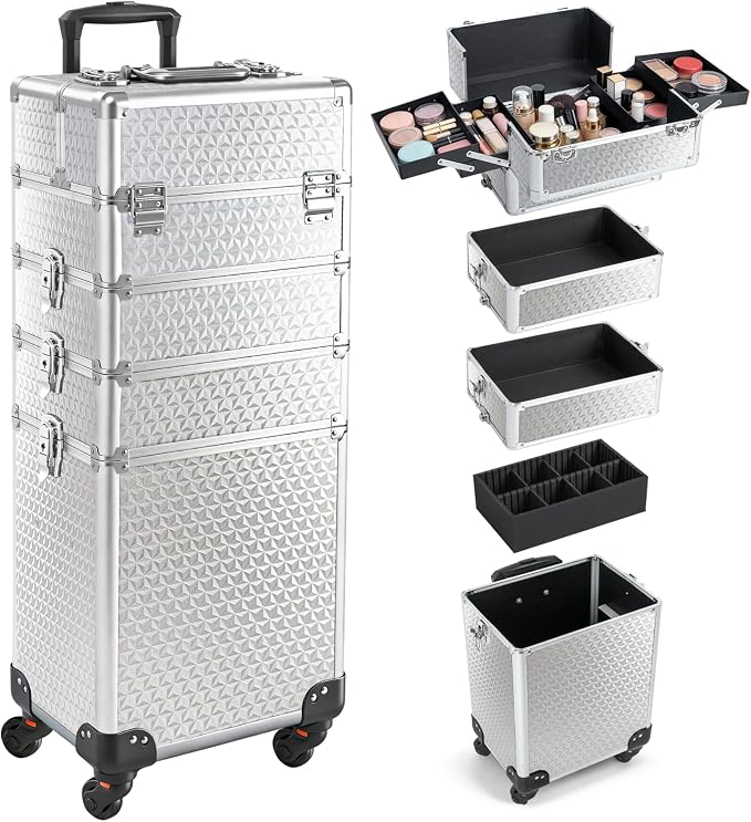 4 in 1 Makeup Train Case - Professional Cosmetology Case on Wheels, Large Transformable Makeup Train Case & Barber Case, Portable rolling makeup case & Makeup Cart, Silver by Safeshower