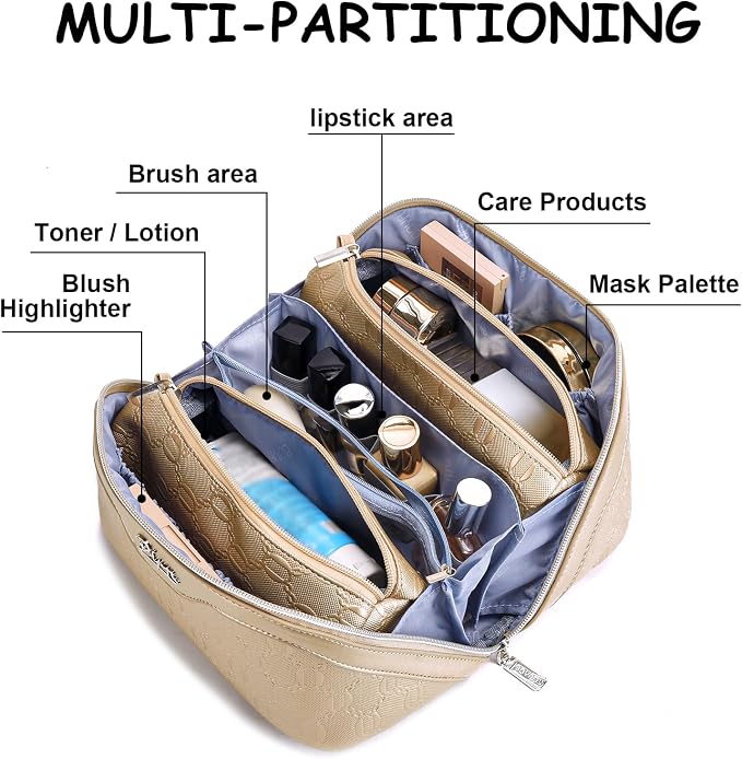 BOYATU Travel Makeup Bag for Women: Cosmetic Organizer Bag with Compartments - Leather Make up Bags Set of 3 (G-5-Gold Yellow) - Image 7