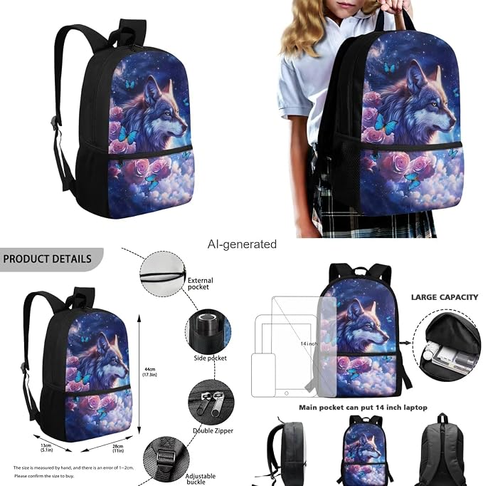 Galaxy Wolf Backpack for Girls Kids Backpack with Lunch Box Water Bottle Holder with Strap and Aesthetic Pencil Case 4PCS Set Bookbag with Front Pocket for School 17 inch Sturdy School Bag - Image 3