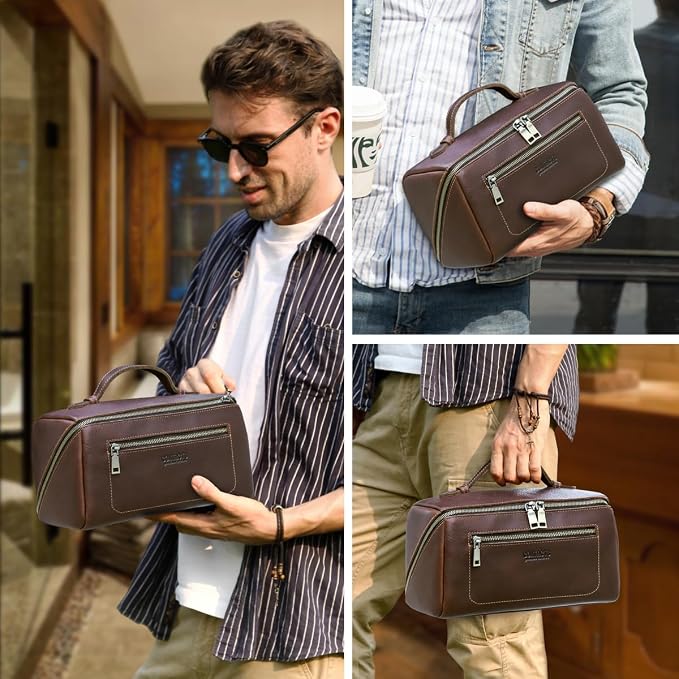 CONTACTS Full Grain Leather Travel Toiletry Bag for Men Large Wash Bag with Handle Bathroom Shaving Dopp Kit Toiletries Organizer Vintage Cosmetic Bag - Image 2