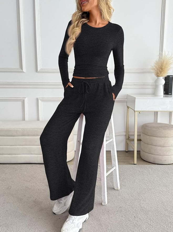 LILLUSORY Womens 2 Piece Matching Lounge Sets 2026 Fall Fashion Outfits | Long Sleeve Top & Drawstring Wide Leg Pants with Pockets, Workout Gym Comfort Sweat Suit, Travel Airport Vacation Clothing - Image 3
