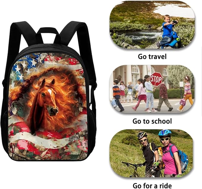 American Flag Horse Print Lightweight Backpack Set with Shoulder Lunch Bag Independence Day, Pen Bag, Camo Forest Print School Students Daypack, Middle School Students Knapsack Set for Kids - Image 3