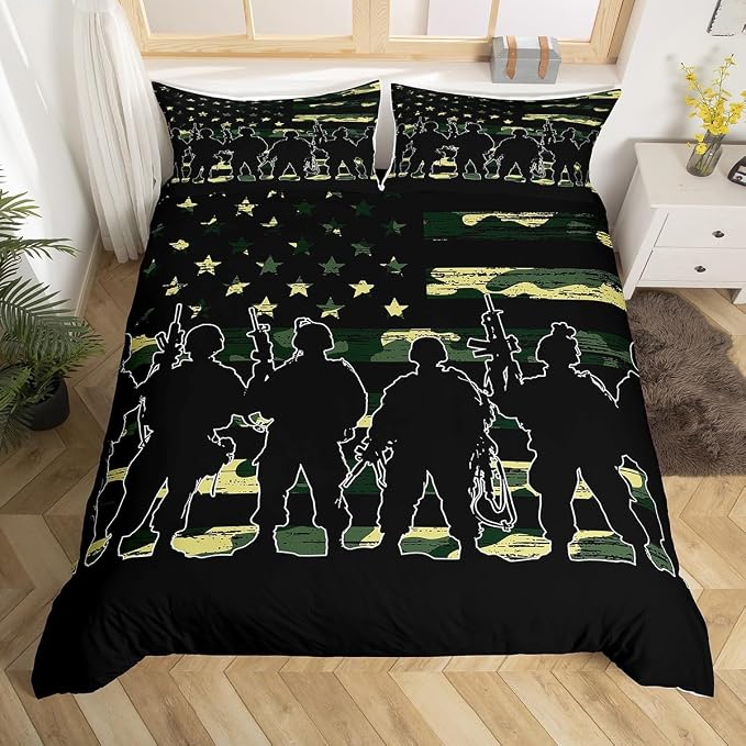 American Flag Duvet Cover Queen for Boy Teen Armygreen Camouflage Bedding Set Adult Men Youth Soldier Silhouettes Comforter Cover Military Style Camo Bedding Collections, 1 Duvet Cover + 2 Pillowcases by Erosebridal