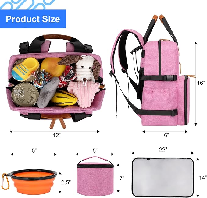 Modoker Dog Travel Bag, Airline Approved Backpack for Pet Accessories Organizer with 2 Food Storage, 2 Collapsible Bowls, Pink - Image 4