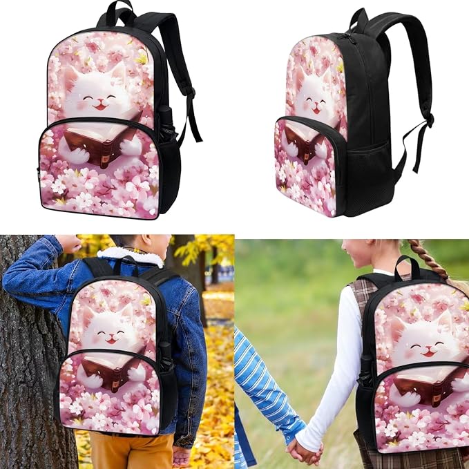 White Cat Backpack with Lunch Box Pencil Case 3 in 1, Kids School Bag Girls Book Bags Lightweight Backpacks for Travel Sports Gym - Image 2