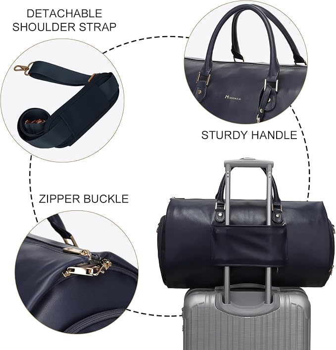 Modoker Women Convertible Leather Garment Bag with Shoulder Strap, PU Leather Garment Duffel Bag Carry on 2 in 1 Hanging Suitcase Suit Travel Bags, Blue - Image 5