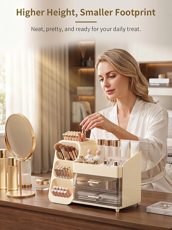 Booklov Large Makeup Organizer for Vanity and Bathroom Countertop, Cream | Clear Acrylic Cosmetic Display Case, Beauty Brush Holder for Dresser Counter Skincare Eyeshadow Lipstick Perfume Storage - Image 5
