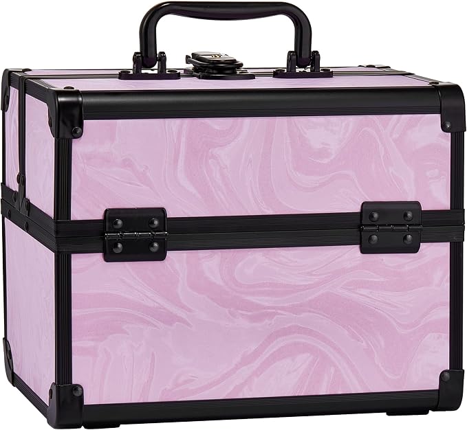 Makeup Train Case, Portable Makeup Case with Mirror, 2-Trays Cosmetic Organizer Case,Nail Polish Organizer, Travel Makeup Box, Profesional for Salon Barber, Pattern Black Pink - Image 7
