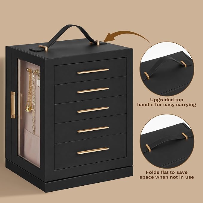 360° Rotating 5‑Drawers Jewelry Box with Top Handle & Glass Window, Spacious Vertical Jewelry Organizer, Jewelry Storage Case, Dustproof & Moisture‑resistant Design, Black - Image 2