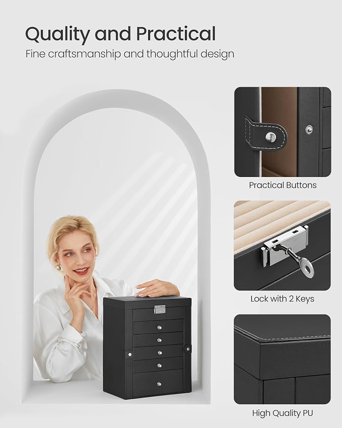 SONGMICS Jewelry Box Organizer, 6-Layer with 5 Drawers, Black | Jewelry Storage Case with Lock and Mirror, Large Storage Capacity, for Necklaces, Watches, Gift for Loved Ones UJBC152B01 - Image 6
