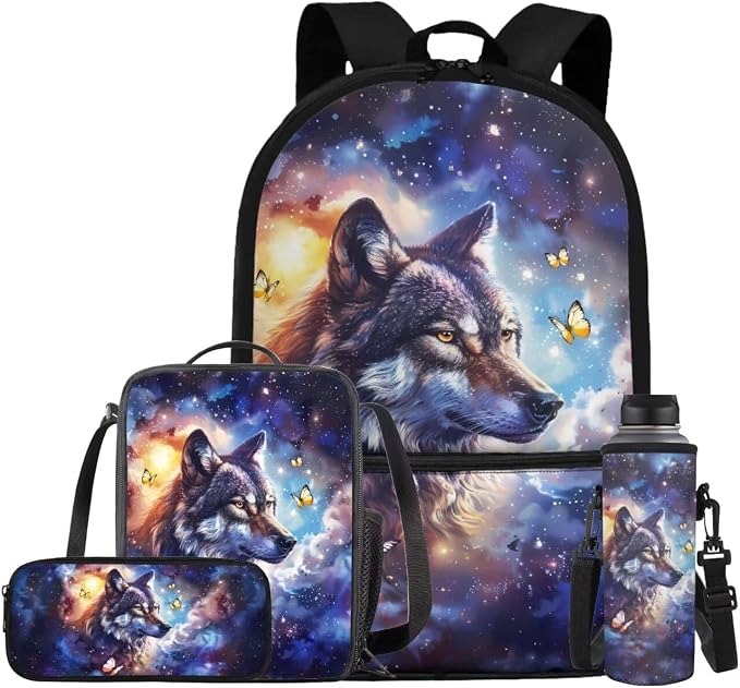 Galaxy Wolf Backpack for Girls Kids Backpack with Lunch Box Water Bottle Carrier with Strap and Soft Pencil Case 4PCS Set Bookbag with Front Pocket for School 17 inch Large Capacity School Bag by ELEDIZI